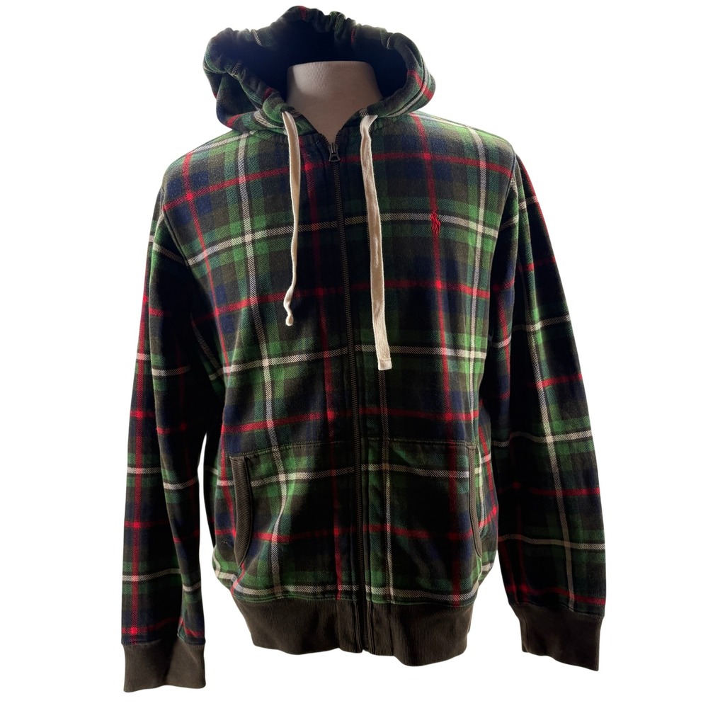 Polo Ralph Lauren Mens Green Plaid Waffle Lined Full Zip Hoodie Large Pony Logo